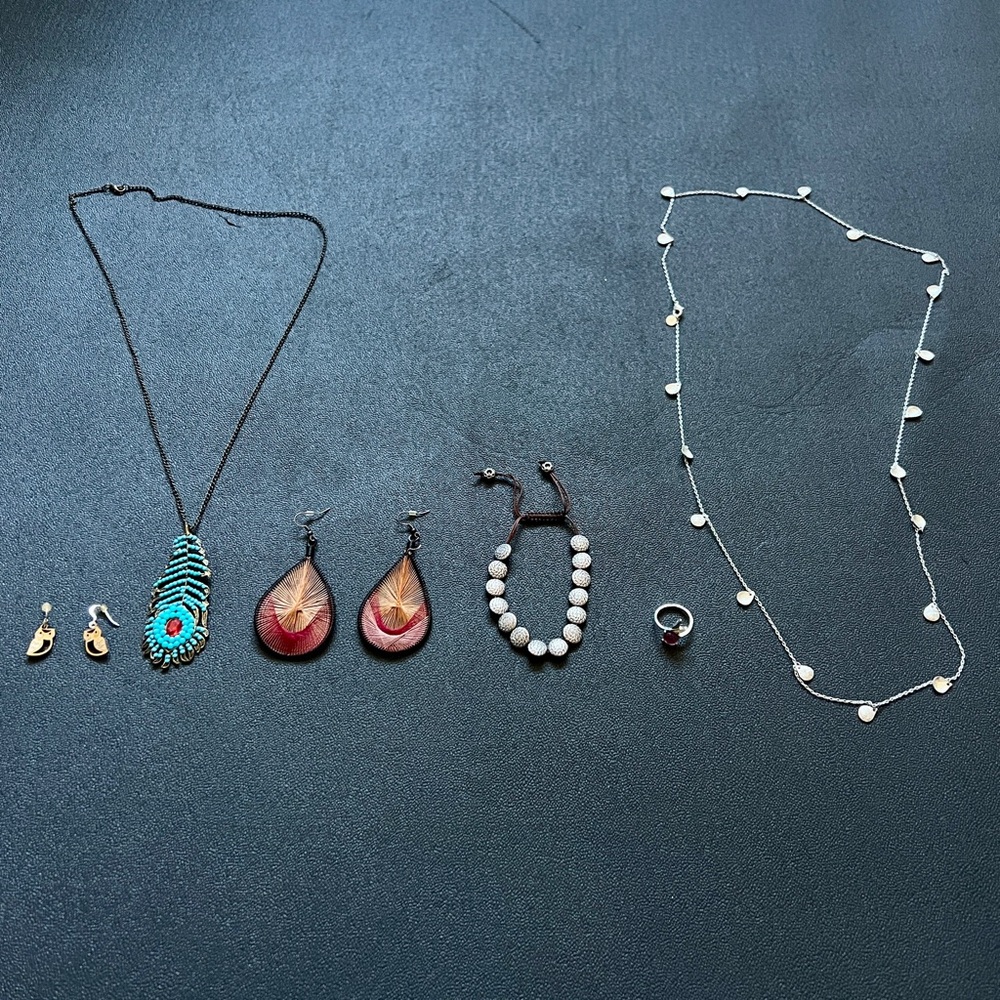8 Piece Jewelry Lot Boho Necklaces, Earrings, Silver Bracelet, Fashion Leaf Ring - Picture 2 of 14